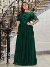 Plus Size Women's Embroidery Evening Dresses with Short Sleeve Sequin Print Prom Dress