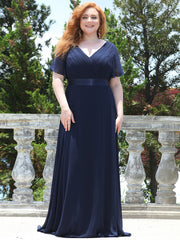 Plus Size Evening Dress V-Neck  Ruffles Padded Empire Waist Evening Dress with Short Sleeves