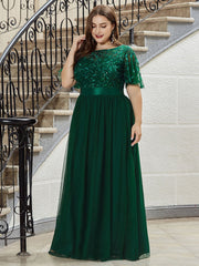 Plus Size Women's Embroidery Evening Dresses with Short Sleeve Sequin Print Prom Dress