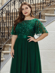 Plus Size Women's Embroidery Evening Dresses with Short Sleeve Sequin Print Prom Dress