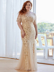 Plus Size Floral Sequin Print Fishtail Tulle Dresses for Party Mermaid Tulle Evening Dress