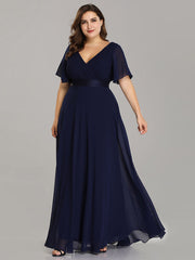 Plus Size Evening Dress V-Neck  Ruffles Padded Empire Waist Evening Dress with Short Sleeves